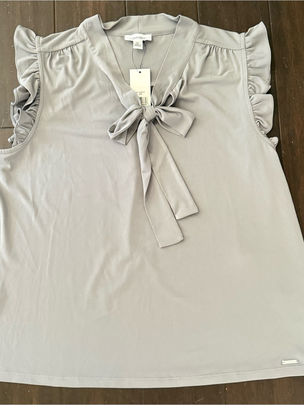 Calvin Klein Light Gray Bow-Tie Ruffle Sleeve Blouse